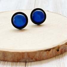 Natural Black Wood Blue Glass Stainless Steel Unisex Stud Earrings
