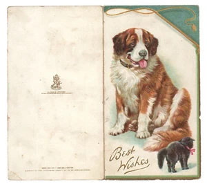 c.1910 St. Bernard Dog Puppy Black Kitten Cat New Year Greeting Card VTG Tuck's - Picture 1 of 2