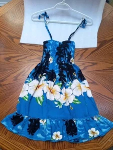 Girls Hawaiian Dress Size 10 Blue Floral Rayon Adjustable Straps VGC - Picture 1 of 12