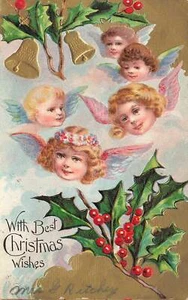 Vtg With Best Christmas Wishes Embossed Postcard Holly Child Girl Angels Bells - Picture 1 of 2