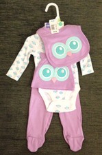 NWT - 000 " OWL - HOOT " BODYSUIT , PULL ON PANTS WITH MATCHING CAP & BIB