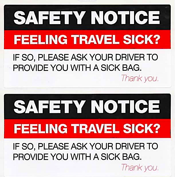 WHITE FLOWER DECALS Sick Bag Safety Notice Ask Your Driver Sticker x2 For Car Window Taxi Bus Lorry