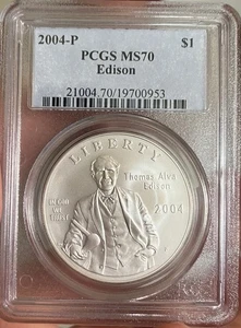 2004-P PCGS MS70 Thomas Edison Silver Uncirculated Perfect $1 Coin! US Mint🔥💡 - Picture 1 of 2