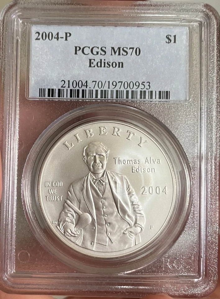 2004-P PCGS MS70 Thomas Edison Silver Uncirculated Perfect $1 Coin! US Mint🔥💡 - Image 1 of 2