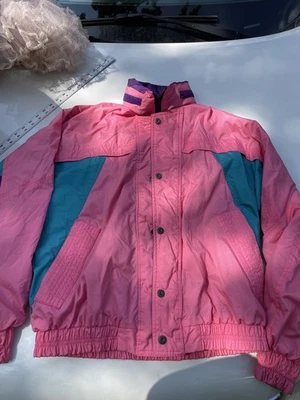 Jaqueta esportiva de esqui vintage colorida rosa roxa azul-petróleo corta-vento com zíper M/G - Imagem 1 de 4
