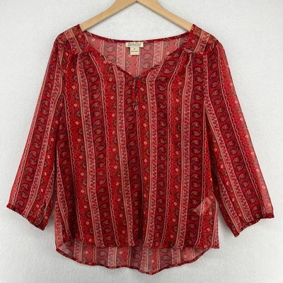 Blusa Pullover LUCKY BRAND Top Mujer M Paisley Popover Arrugada Manga 3/4 Roja Foto 1 de 4