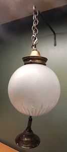 ANTIQUE LARGE 10" DIAMETER FROSTED AND WHEEL CUT GLASS HANGING LIGHT FIXTURE - Picture 1 of 13