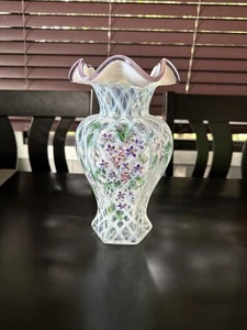 Fenton Opalescent Diamond Lattice Floral Vase Ruffled Swirl Hand Painted 9 1/2” - Picture 1 of 10