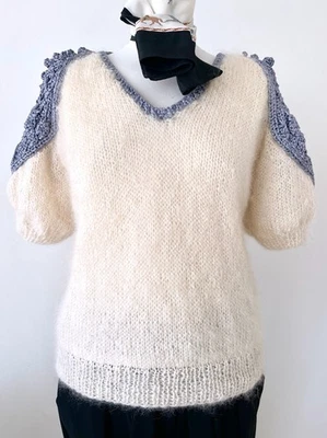 Vintage Size 10 Hand Knitted Cream Mohair Quirky Statement Shoulders Puff Sleeve - Image 1 of 4