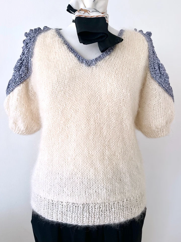 Vintage Size 10 Hand Knitted Cream Mohair Quirky Statement Shoulders Puff Sleeve - Image 1 of 4