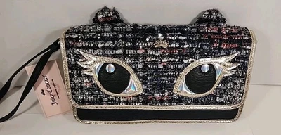 NUEVO CON ETIQUETAS Juicy Couture Muñequera Ojo de Gato Tweed Negro Dorado Bolso sin asas Cartera Genuina  Foto 1 de 4