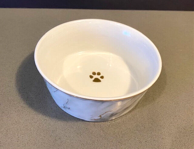 Fido's Diner Dog or Cat Bowls Gold Gray White Marble with Gold Paw Print Inside - Image 1 of 4