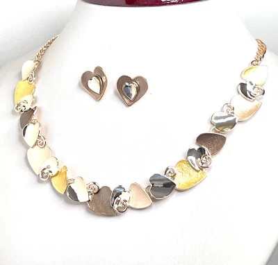 Womens Rose Gold Cream Multi Heart Necklace Earrings Set Women Birthday Gift Foto 1 de 4
