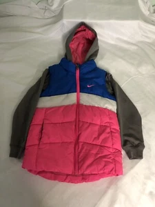 Nike Girl's Colorblock Padded Jacket Size 6X Puffer Vest Hoodie Pink Blue White - Picture 1 of 8