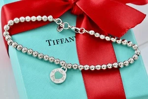 Return To Tiffany & Co. Silber Blau Emaille Herz Rund Anhänger Perlen 7,25" Armband - Bild 1 von 8