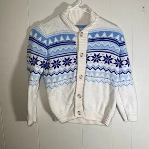 Boys fair isle snowflake White and Blue Patterned Sweater cardigan size 8 - Picture 1 of 5