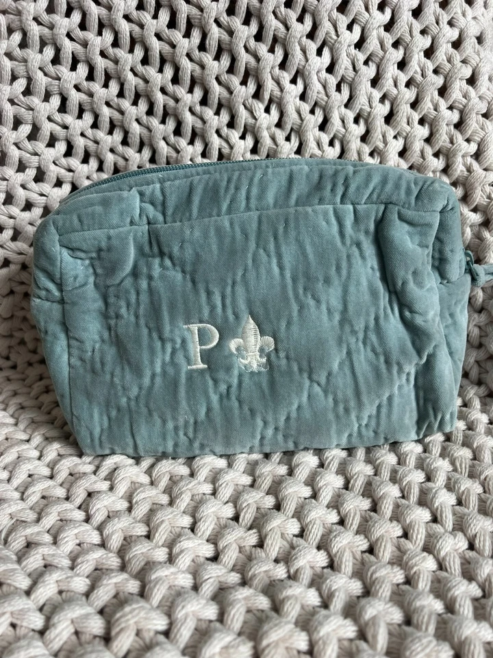 Pottery Barn косметический макияж сумка синий выстеганный бархат шелк с монограммой "P" - Изображение 1 из 1