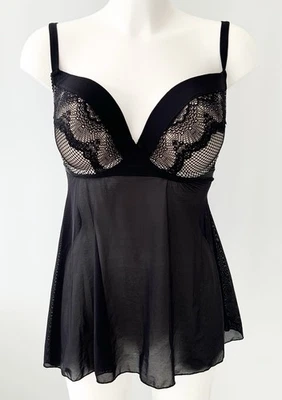 New Look Black Push Up Mesh Lace Babydoll Chemise UK 34DD - Image 1 of 3