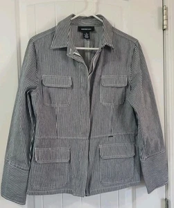 Norton Studio Women Denim Navy Blue Stripe Zip-Up Jacket Size 12 Railroad - Picture 1 of 3