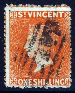 ST VINCENT QV 1877 One Shilling Vermilion Wm Lge Star Sideways P11½x15 SG 24 VFU - Picture 1 of 2