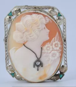 Vintage 14K White Gold Cameo Brooch Pin w/ Diamond & Emerald - Picture 1 of 6