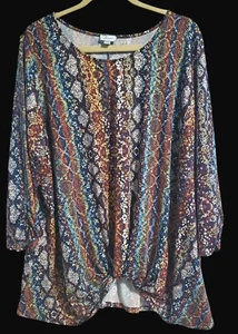 Avenue Top Size 22/24 Stretch 3/4 Sleeves Multicolor Round Neck Faux Tie Hem - Picture 1 of 5