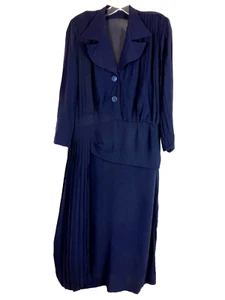 L XL 40s Blue Rayon Dress w Point Lapel Side Drape WWII Cocktail - Picture 1 of 6