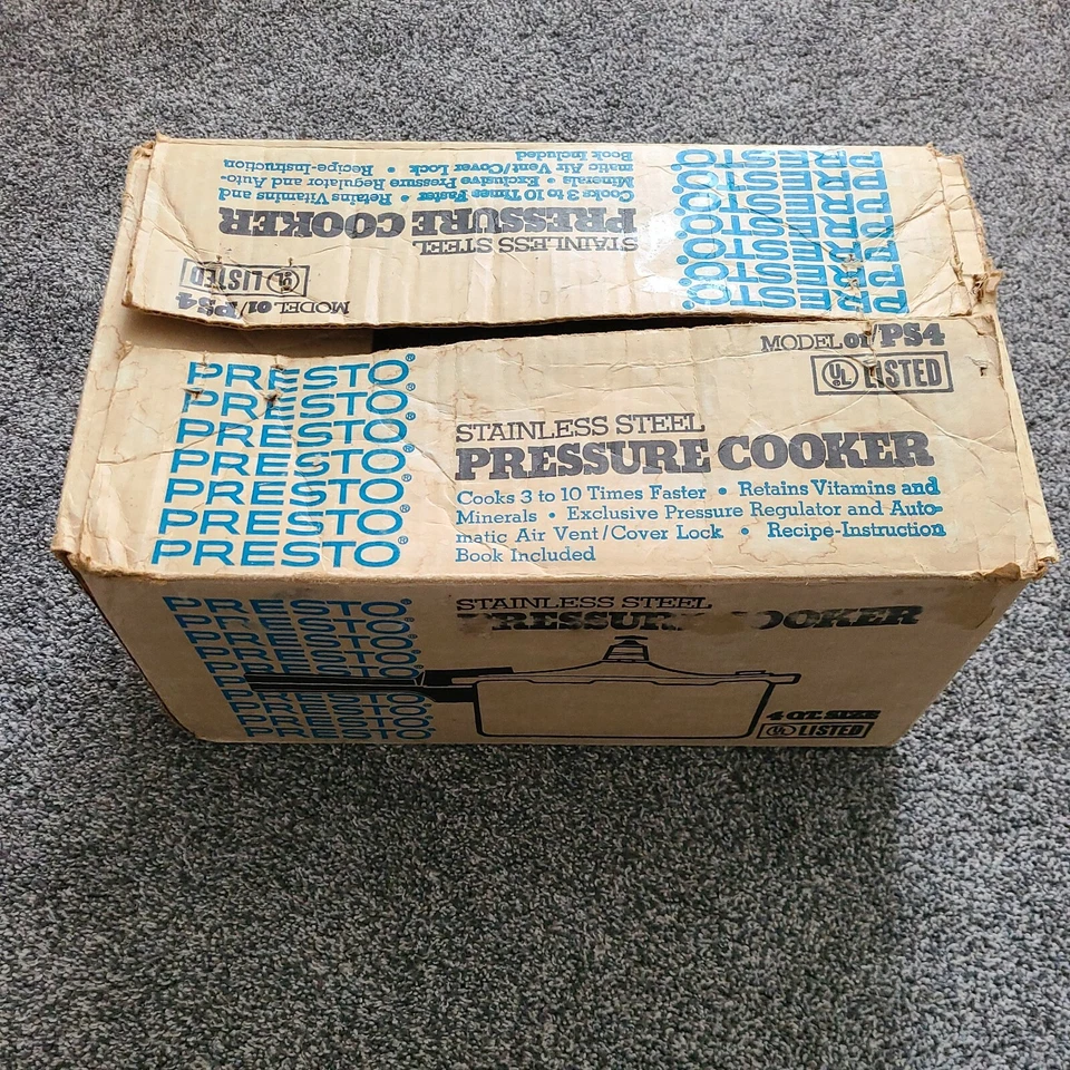Panela de pressão vintage Presto aço inoxidável Mod 01/PS4 4 QT caixa original - Imagem 1 de 4