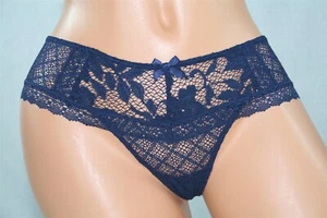 Navy Blue Wide Side Thong/String w Mesh Design, Bow and Eye Whole on Back Size S - Picture 1 of 2