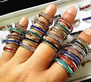 Mix Colors Full Circle Rhinestone 1 Row Stainless Steel Fashion Jewelry Ring - Picture 1 of 7