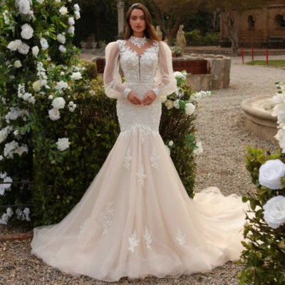 Elegante Vestido de Novia Sirena Cuello Alto Mangas Abullonadas Encaje Apliques Vestido de Novia Foto 1 de 4