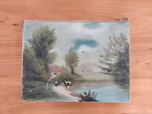 Antikes amerikanisches Ölgemälde Landschaft mit schwarzem Bauern und Stier 9 x 12 Leinwand - Bild 1 von 9