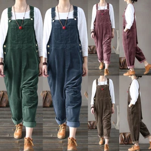 Women Corduroy Dungarees Wide Leg Baggy Playsuits Jumpsuits Loose Trousers Pants - Picture 1 of 17