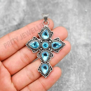 Blue Topaz Cross Pendant 925 Sterling Silver Handmade Gemstone Jewelry - Picture 1 of 5