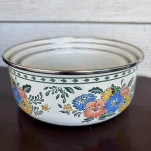 Vintage M. Kamenstein Floral Emaille Satzschale 3er Set mit 2 Deckeln 70er Jahre  - Bild 1 von 15