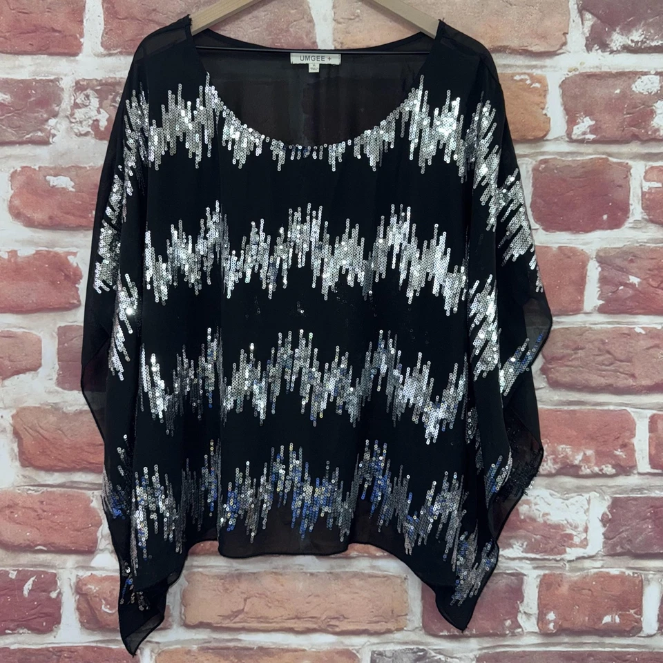 Umgee Kimono Top Womens XL Black Silver Abstract Sequin Sparkly Sheer Shirt - Image 1 of 4