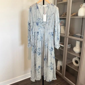 LoveShackFancy Leah Midi Dress NEW Silk Blue Celestia Floral Print NWT Size XS - Picture 1 of 7