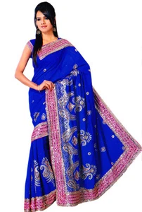 Royalblau Saree Sari indischer Chiffon Hochzeit Bollywood Pailletten Stickbluse - Bild 1 von 8