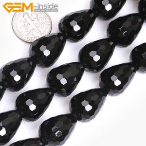 Genuine Faceted Teardrop Black Onyx Agate Beads For Jewelry Making 15" Natural - Picture 1 of 24