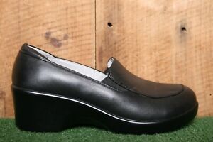 ALEGRIA 'Emma' Black Leather Slip On Wedge Heel Clog Loafers EUR 37 | US 6.5-7