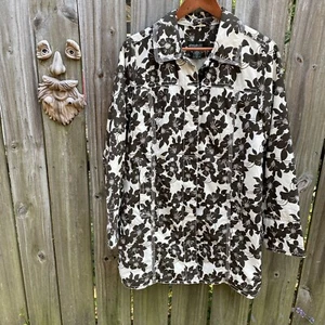 Eddie Bauer Floral Trench Coat Rain Hibiscus Jacket Lined Button Front Size M - Picture 1 of 12