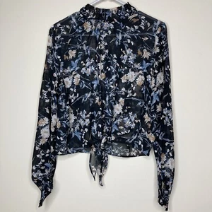 Dream House Sz 10 Sheer Tie Front Blouse Top High Neck Long Sleeve Black Floral - Picture 1 of 11