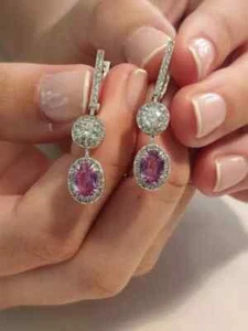 2.50Ct Oval Lab Created Pink Sapphire Drop/Dangle Earrings 14k White Gold Plated - Picture 1 of 8