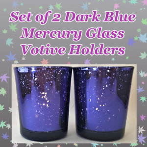 2 Mercury Glass Candle Holders Dark Blue Votive Tea Light Holders Christmas 💕