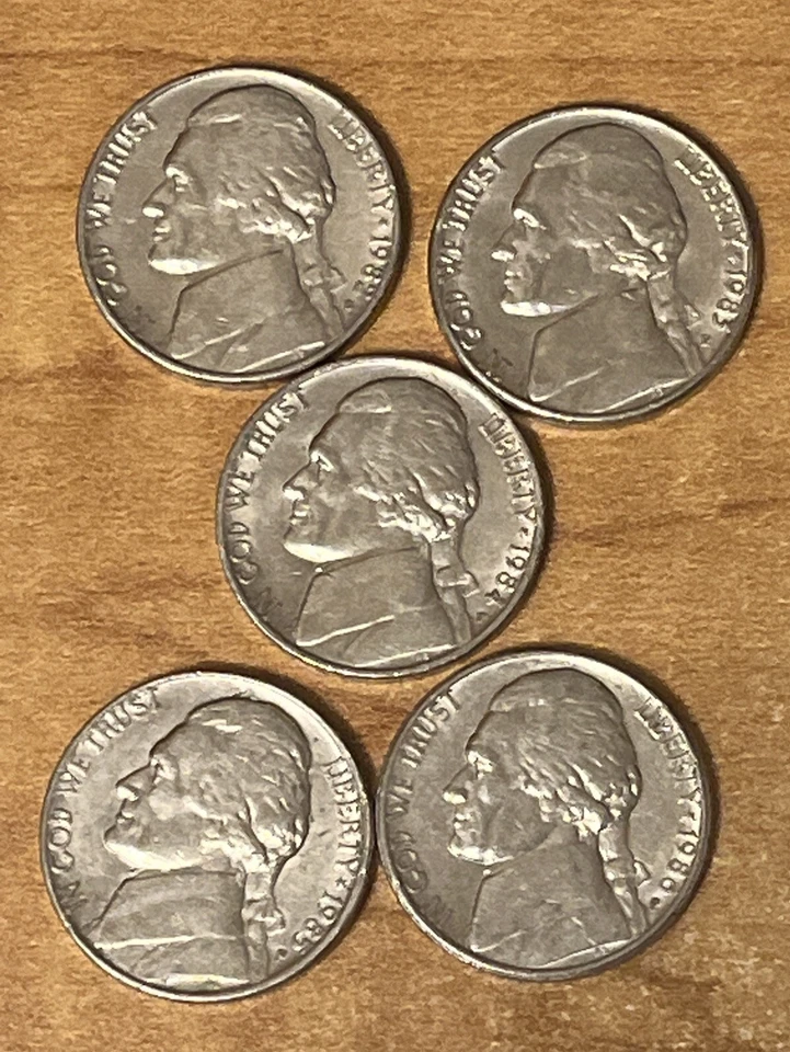 1982 , 1983 , 1984 , 1985 , 1986 -  P  Jefferson Nickels ( 5 coin set ) - Image 1 of 1