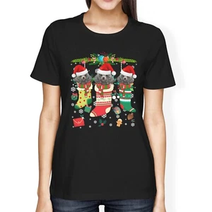 1 T-Shirt Damen lockere Passform Weihnachtsstrümpfe mit entzückenden Pudeln Hunden - Bild 1 von 5