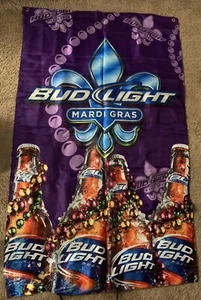 2009-2013 Budweiser Bud light Mardi Gras Flag Fleur De Lis Purple 55x35 RARE - Picture 1 of 5
