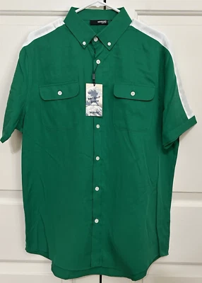 NUEVO CON ETIQUETAS Murano Talla L Slim Fit Verde Blanco Manga Corta Camisa Abotonada Hombre Foto 1 de 4