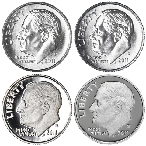 2011 P D S S Roosevelt Dime Year Set Silver & Clad Proof & BU US 4 Coin Lot Cover