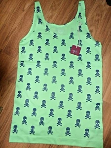 Poof! tank top mint green w/ navy skulls w/ heart eyes ~ medium large - Picture 1 of 7